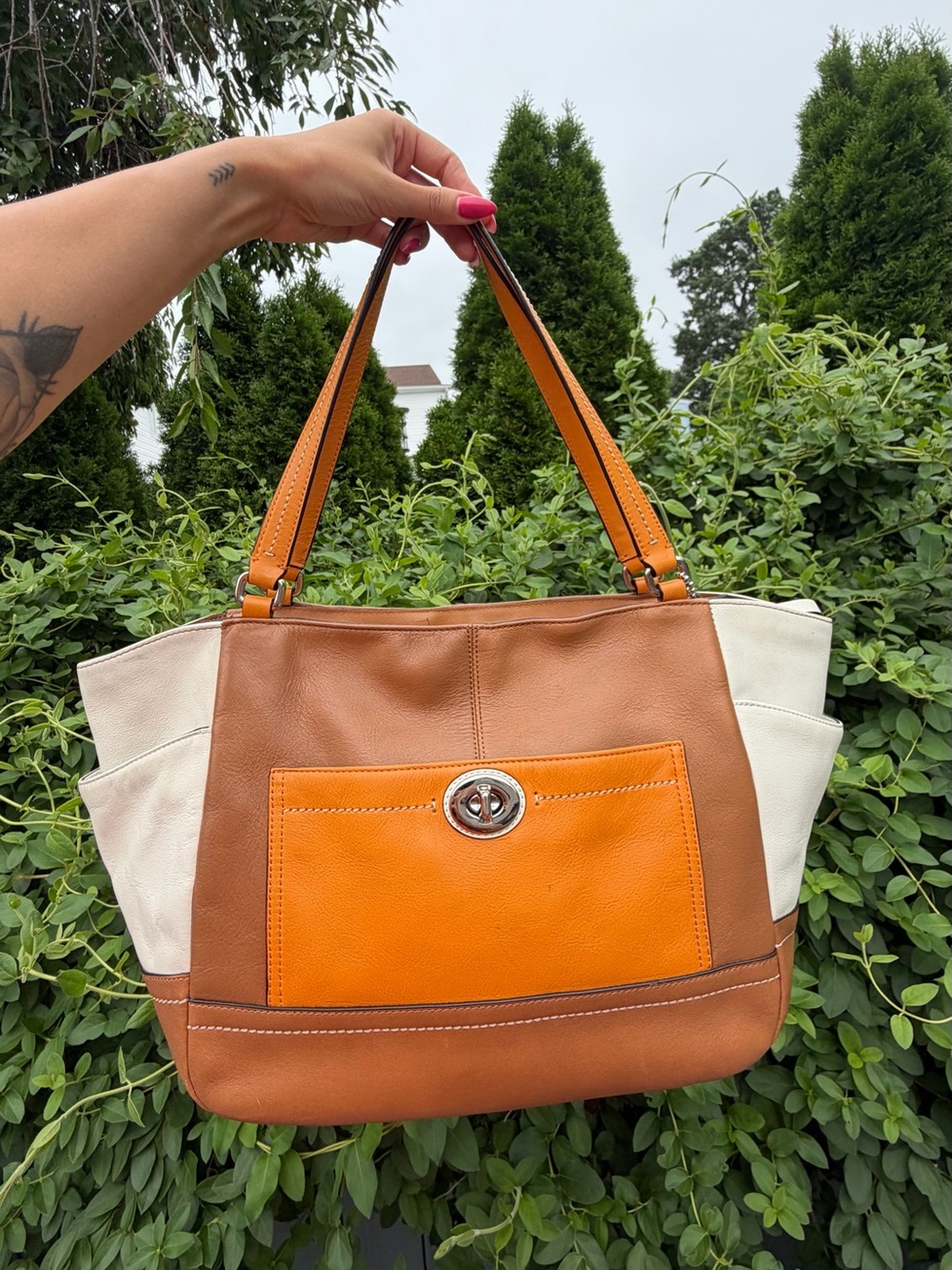 Coach Park Colorblock Carrie Turnlock Tote Leather Shoulder Bag Orange Brown